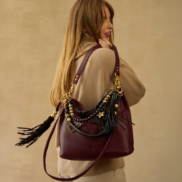 HOBO Handbags - HOBO Burgundy Leather Shoulder Bag with Black Tassel and Gold Hardware